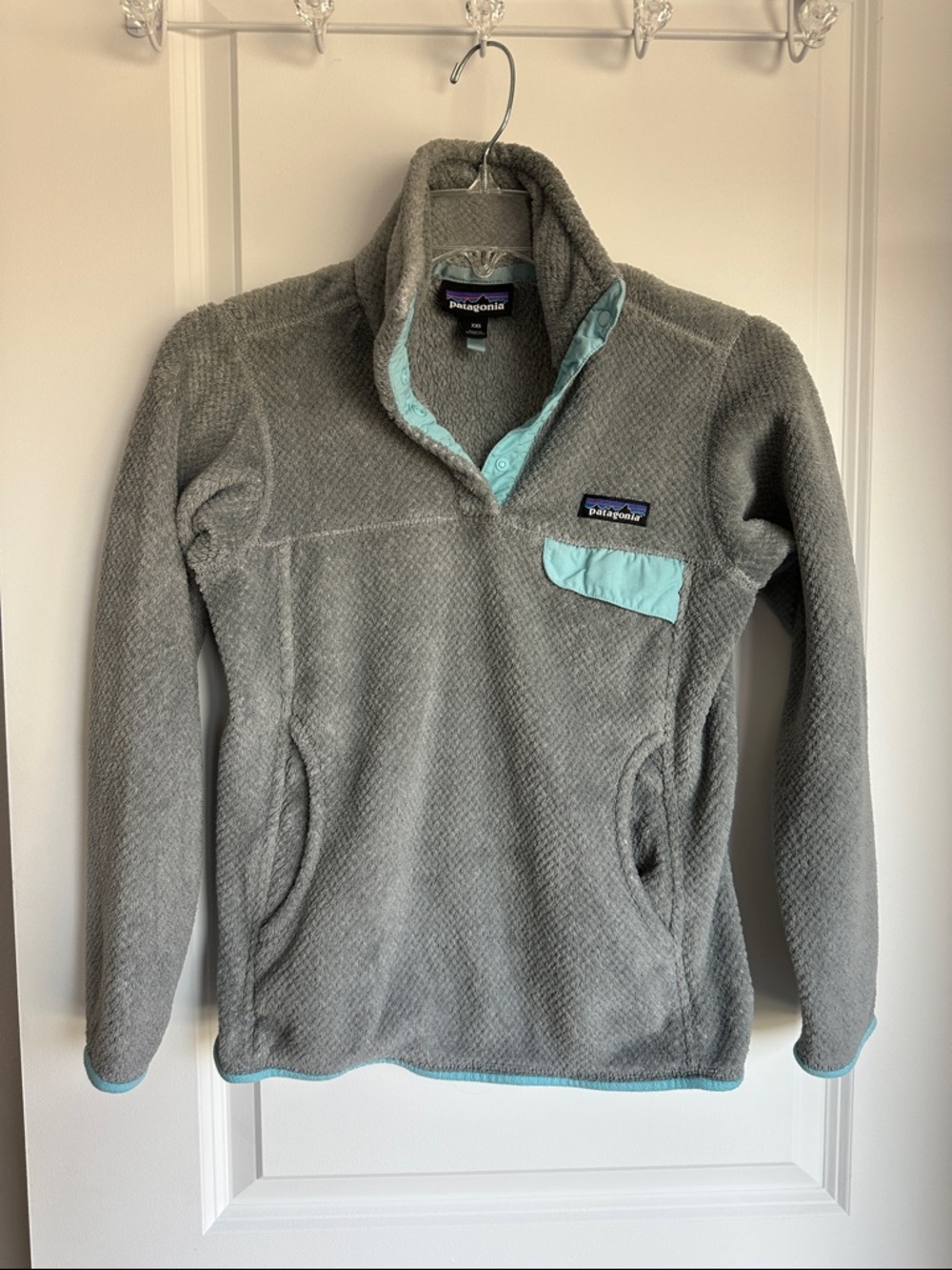 Women’s Patagonia Re-Tool Snap-T Fleece Pullover XXS Gray Aqua Blue Cozy
